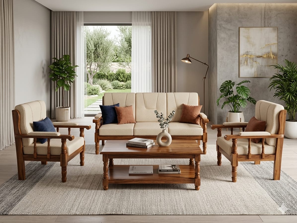 Raghav Classic Teak Wood Sofa Set | 3+1+1 Seater | Cream Fabric Cushions | Living Room Furniture