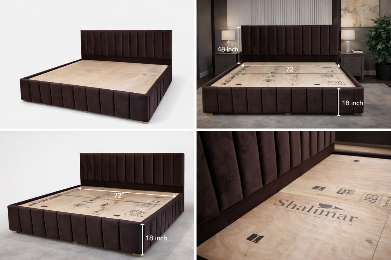 Luxe Velvet Upholstered King Size Bed with Tall Channel Tufted Headboard | Dark Brown