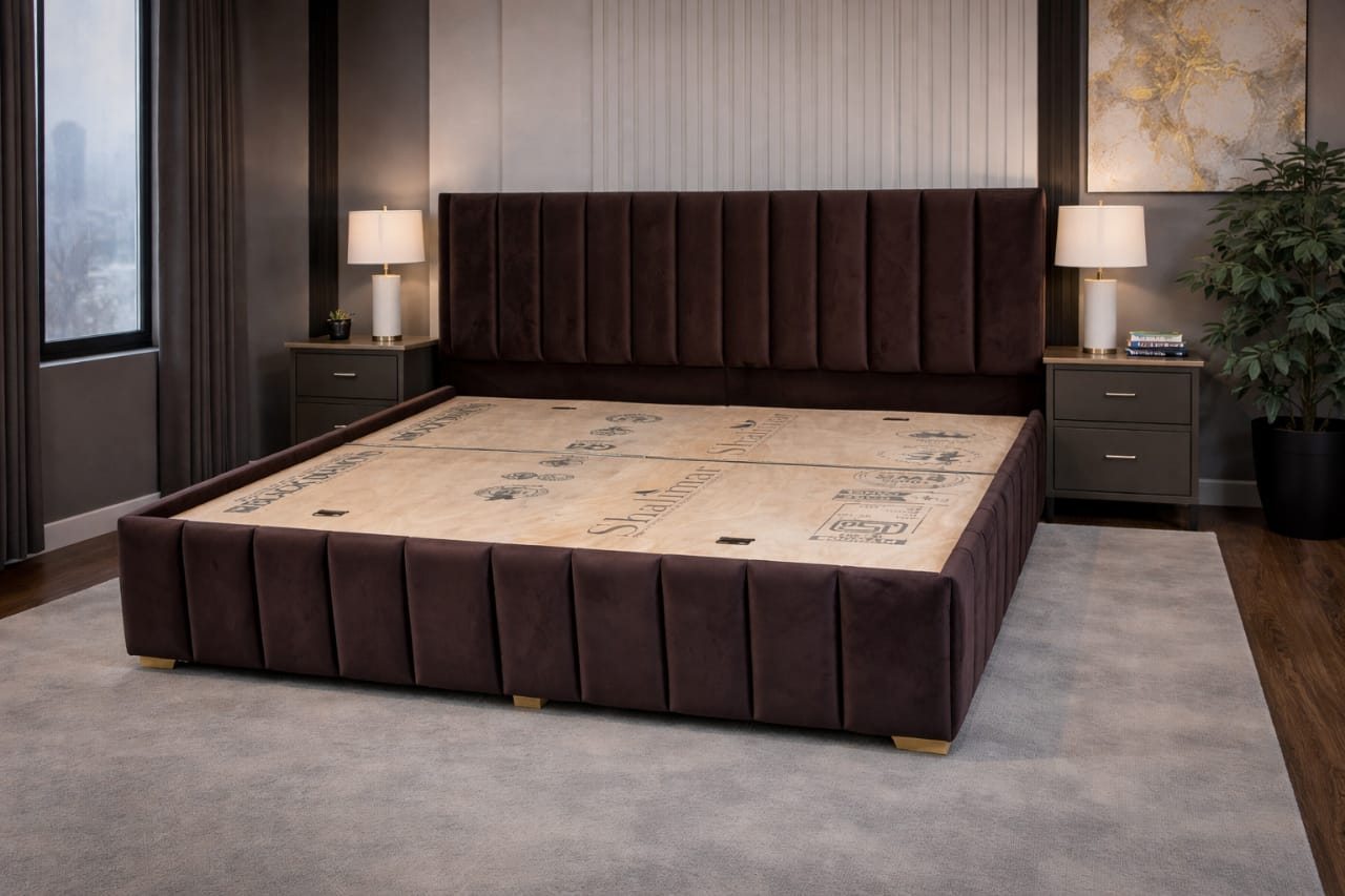 Luxe Velvet Upholstered King Size Bed with Tall Channel Tufted Headboard | Dark Brown